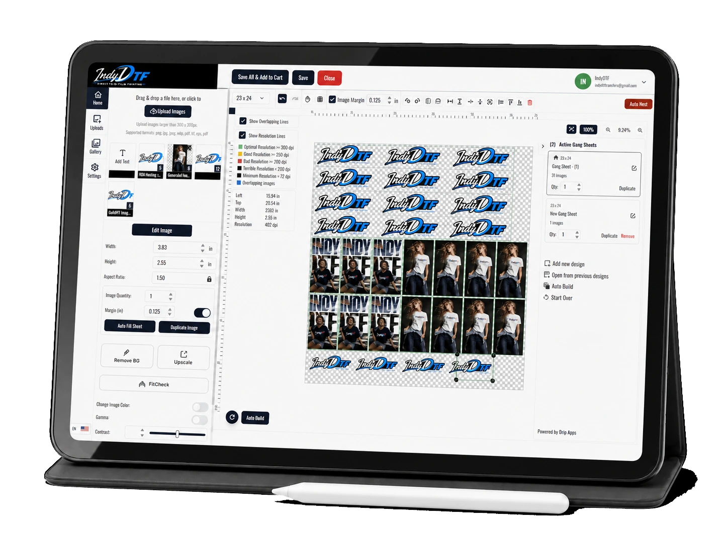 Gang Sheet Builder shown on a mobile device